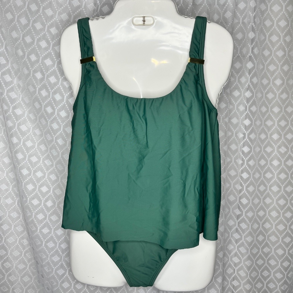 Ellen Tracy One Piece Tankini Green Swimsuit Gold Accent Size 8‎